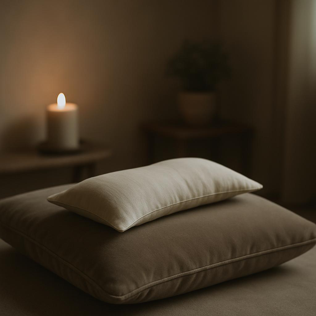 A beige pillow on a dark cushion with a lit candle in the background.