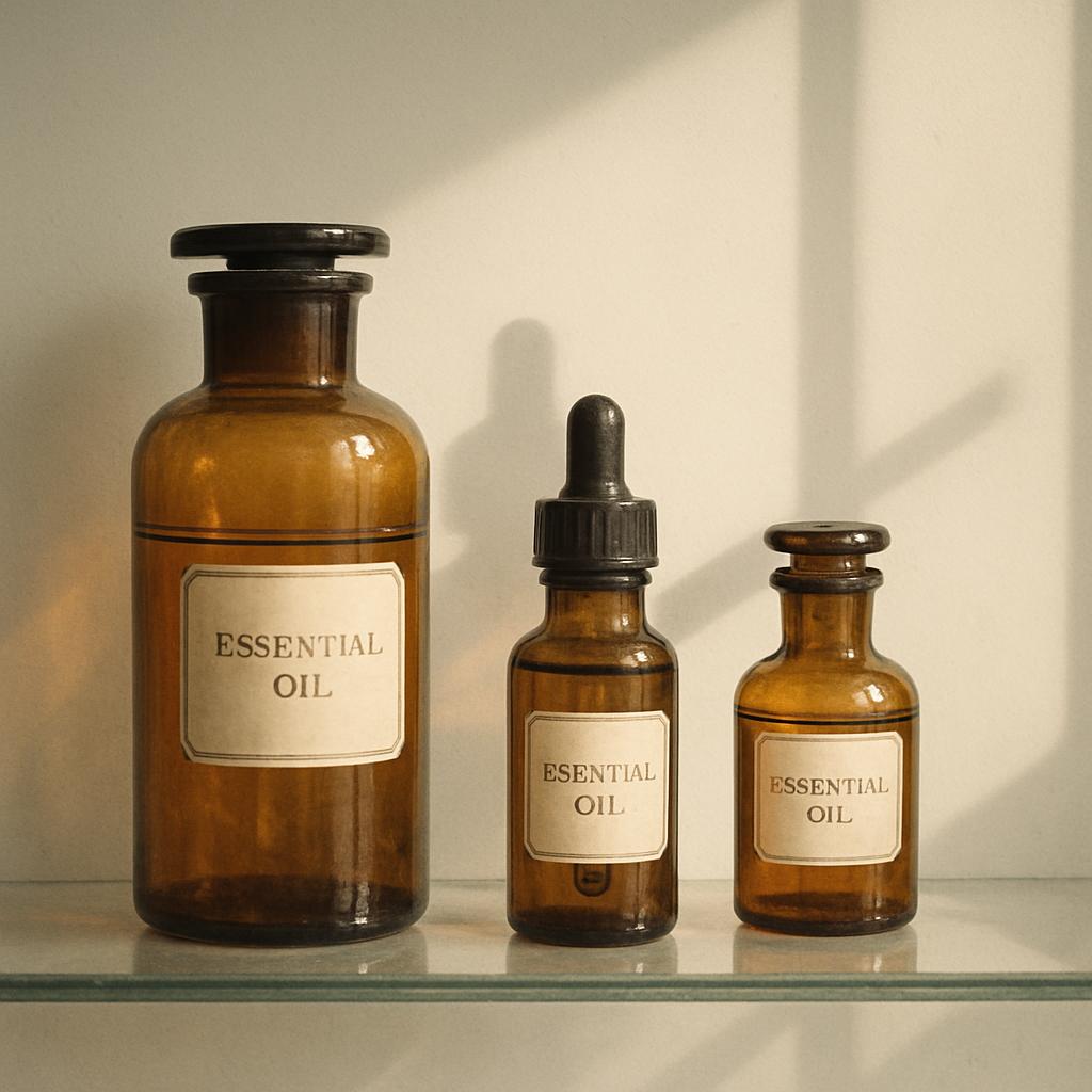 Image description: There are three brown glass bottles with black tops and labels that read "ESSENTIAL OIL" on them. The l...